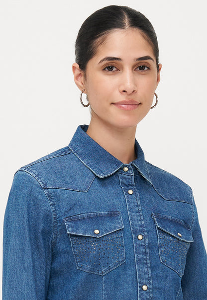 ONLY Petite ONLSASIA RHINESTONE SHIRT - Button-down Blouse - Medium Blue Denim