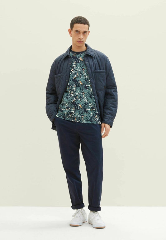 Tom Tailor ALLOVER PRINTED - T-Shirt Print - Navy Green Big Leaf Design
