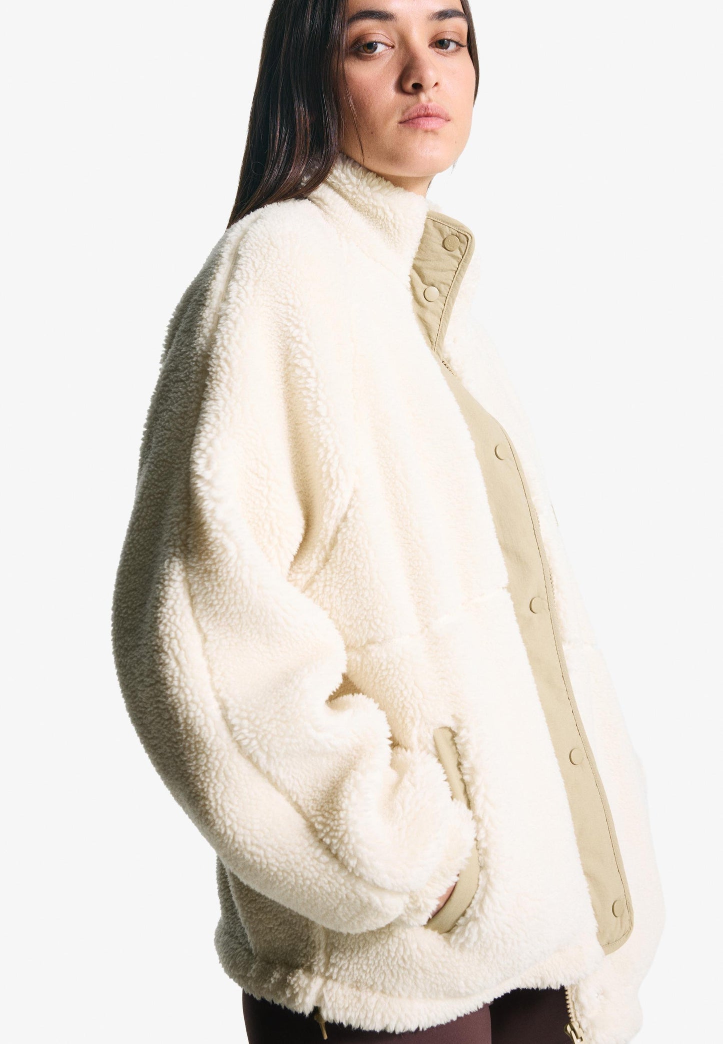 BERSHKA Fleece Jacket - Beige
